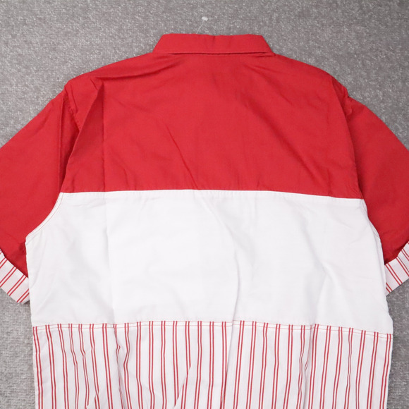 VTG 80s 90s Award Deadstock Medium Red White Striped Short Sleeve Collared Shirt - Picture 10 of 10